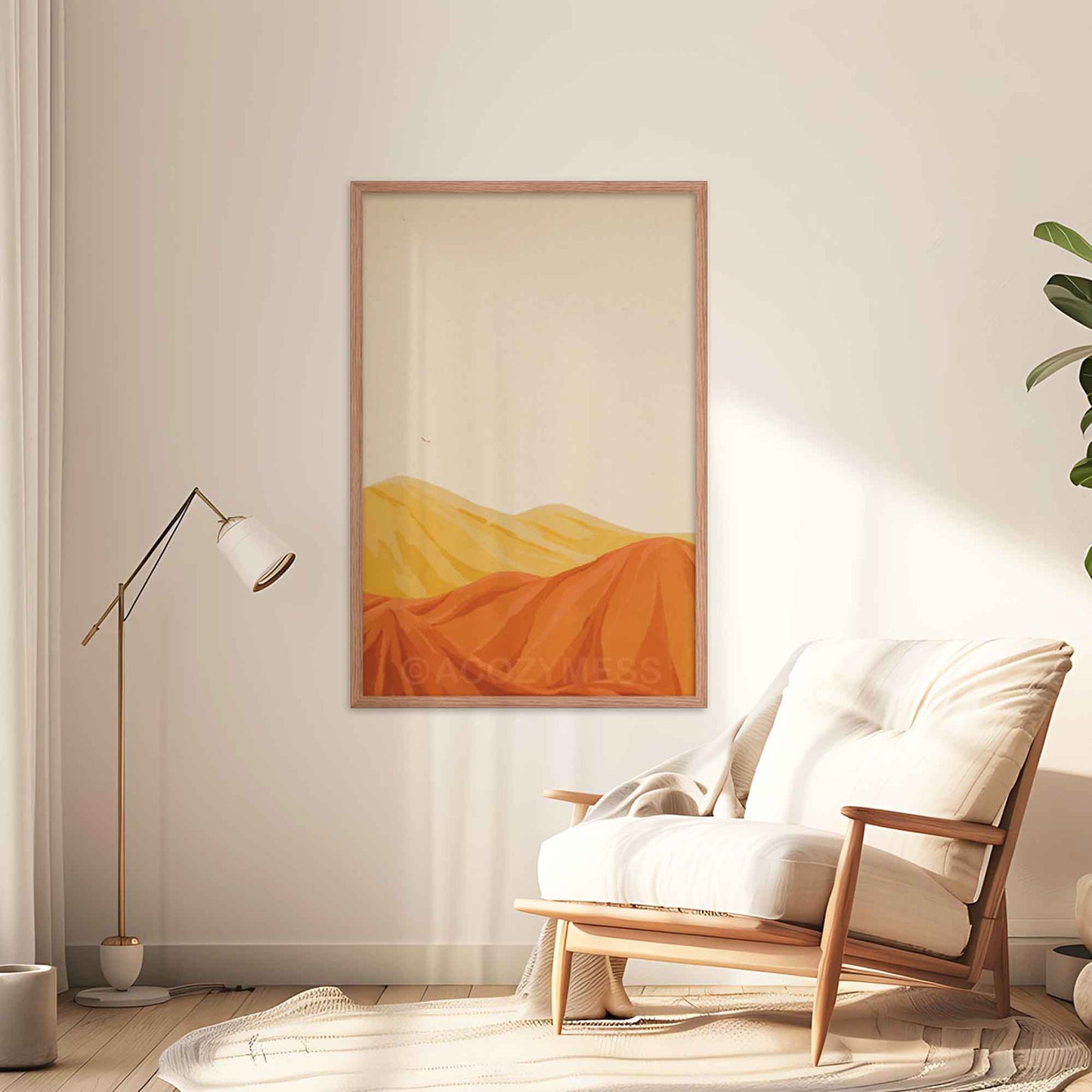 Desert mountain landscape artwork in warm yellow, orange, and brown tones with a beige background, in oakwood frame on a living room wall