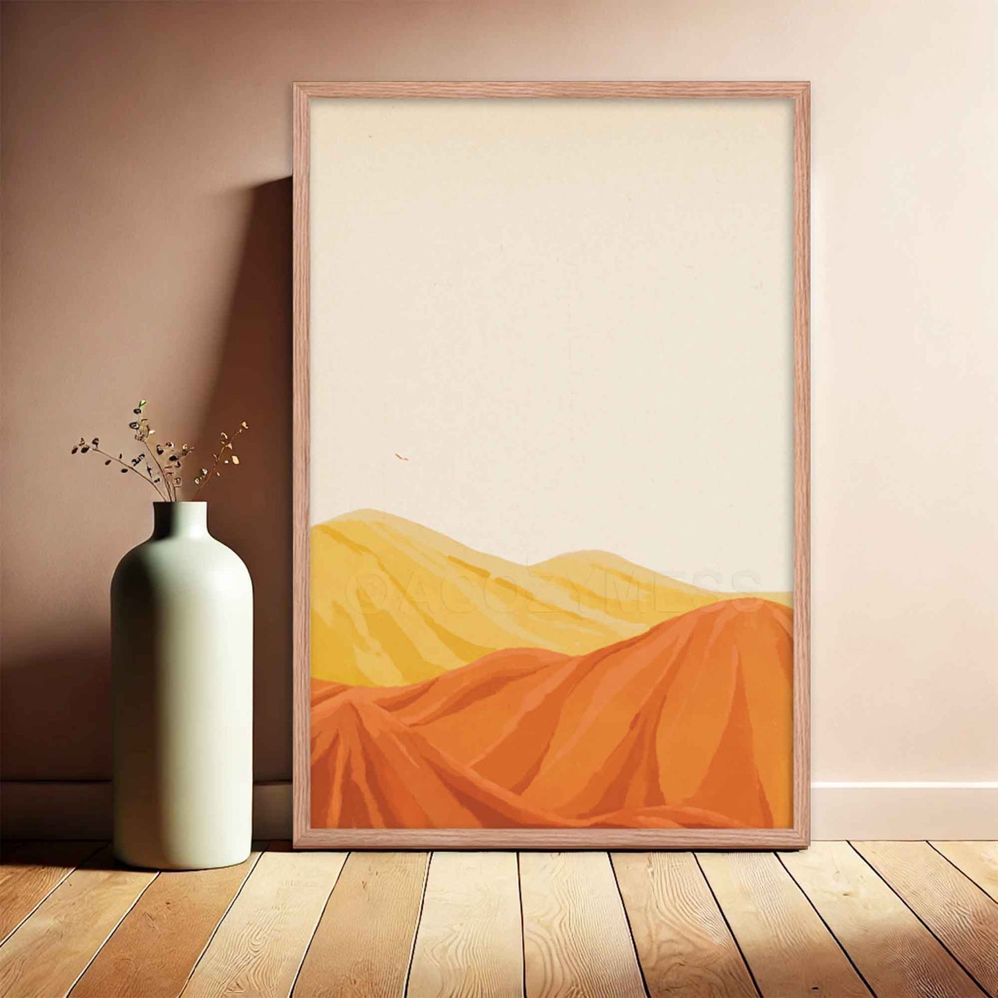 Desert wall art in warm yellow, orange, and brown tones with a beige background, in oakwood frame