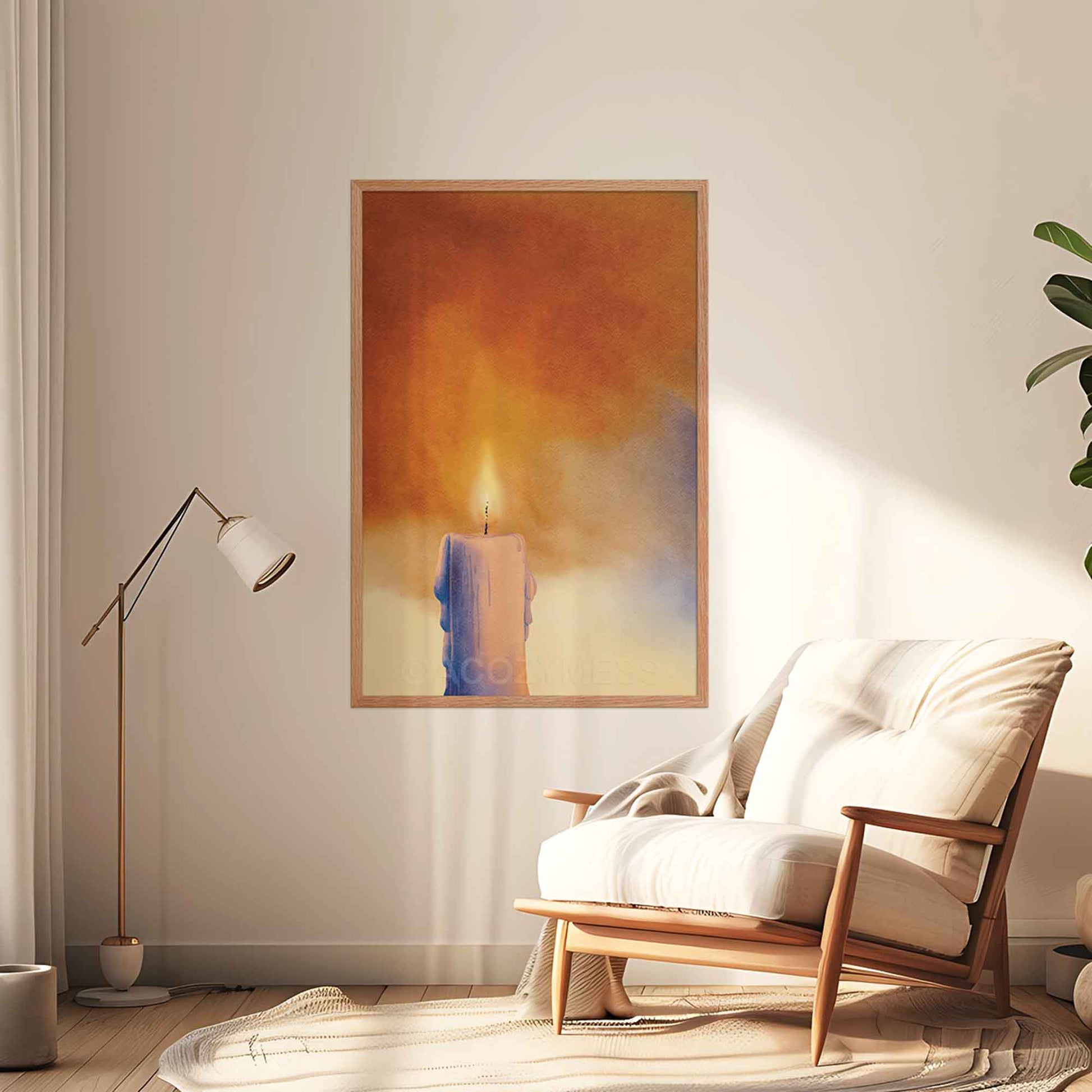 Zen wall art with candle illustration, framed in oakwood.