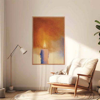 Zen wall art with candle illustration, framed in oakwood.