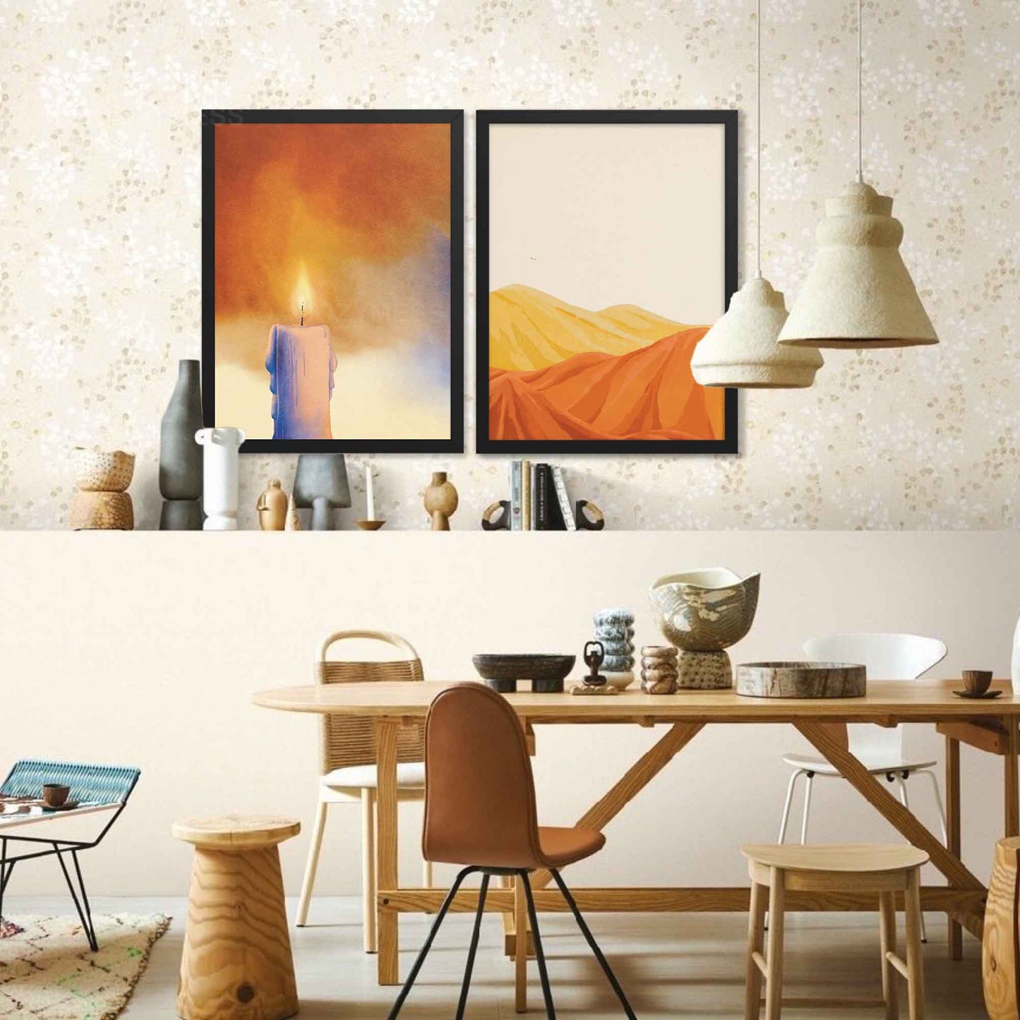 Blue, orange and yellow candle art poster on beige background to create cozy and warm decor