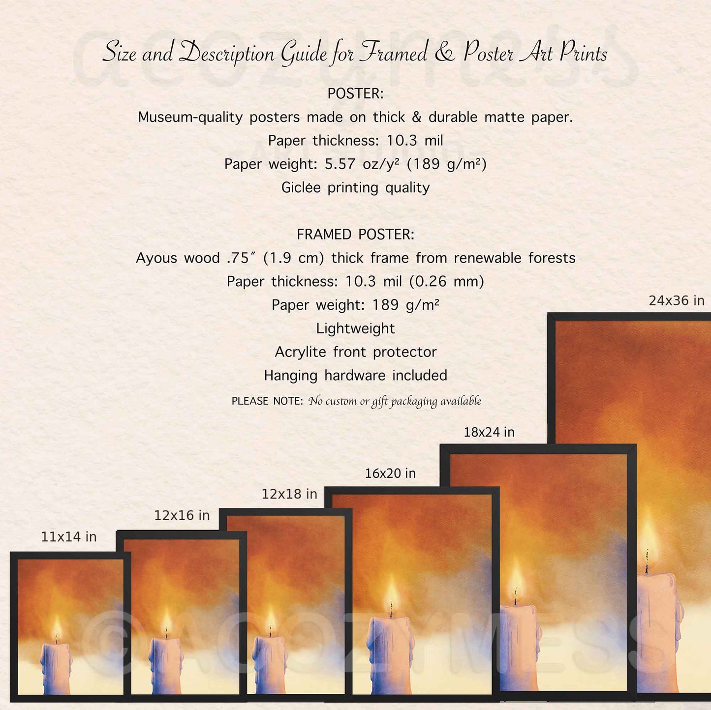 Size and description guide for framed and poster art prints with sample prints displayed.