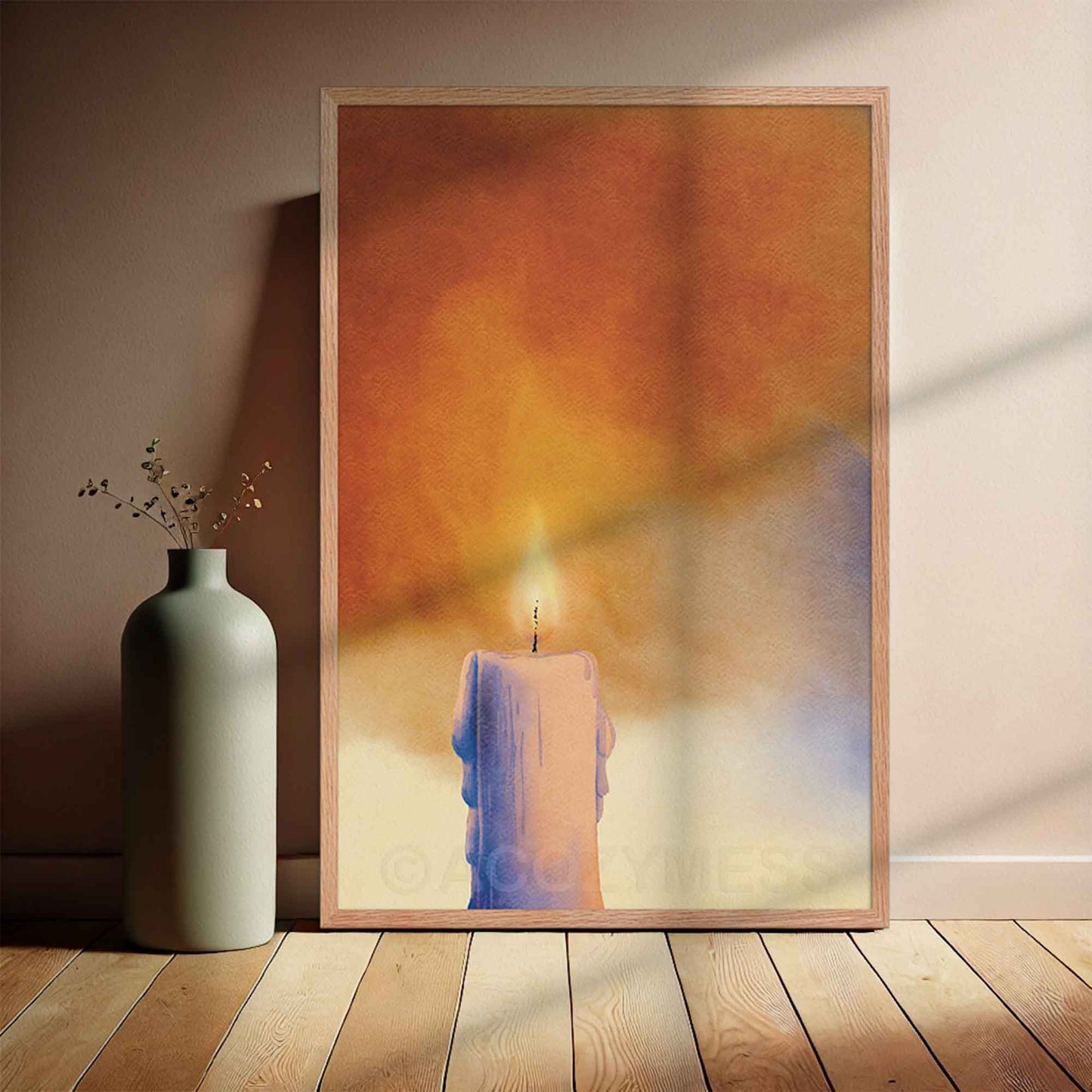 candle wall art poster for zen or spiritual decor framed in oakwood.