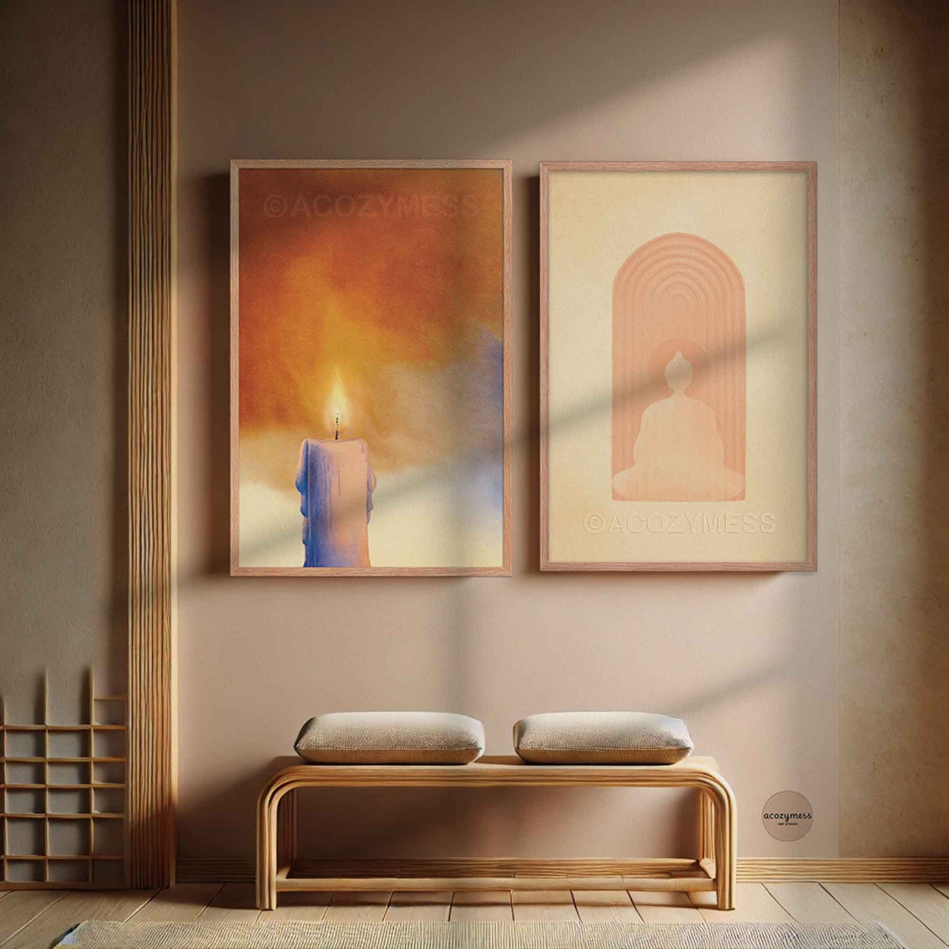 Zen wall art of candle and buddha, framed in oakwood
