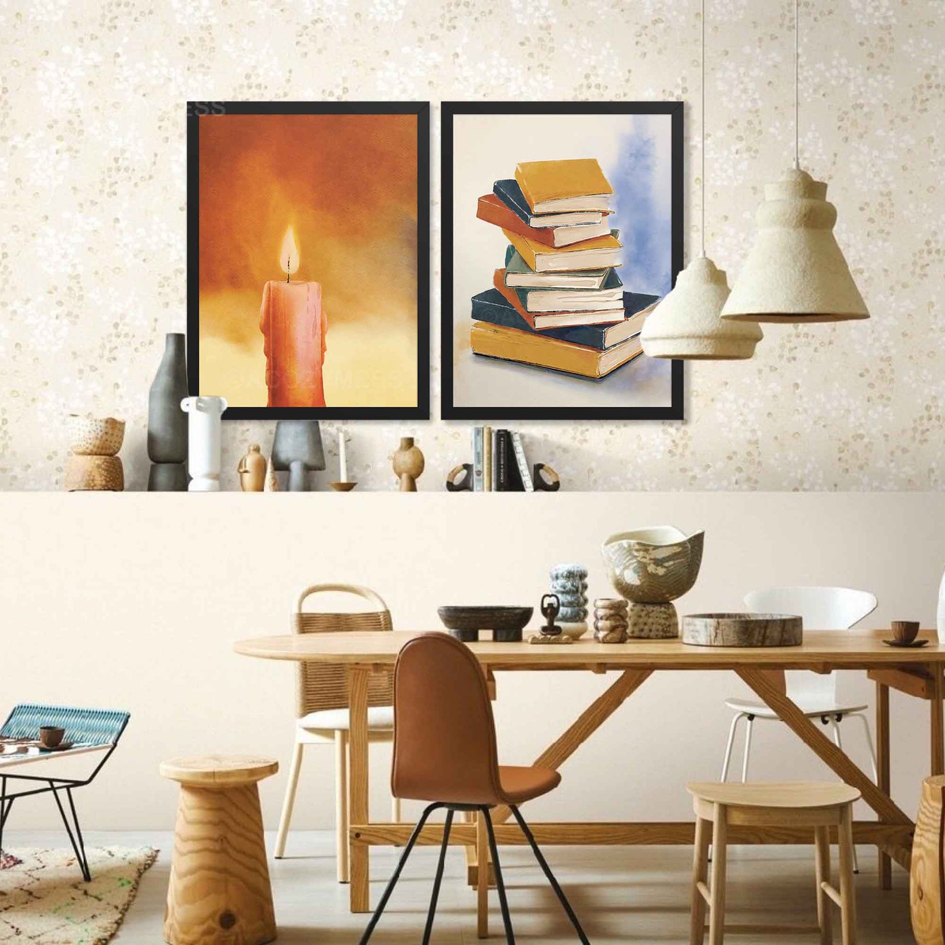 Black framed candle art poster showcasing a warm candle illustration, presented as elegant wall decor for living rooms or library.