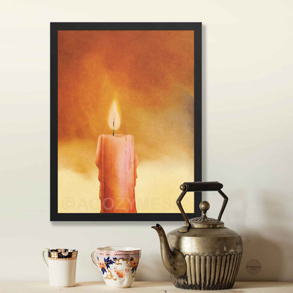 Black framed candle art poster showcasing a warm candle illustration, for spiritual decor
