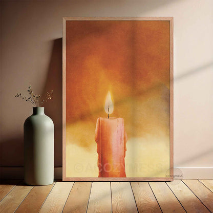 Oakwood framed candle art poster featuring a warm candle illustration, designed as calming wall decor for cozy home or meditation spaces.

