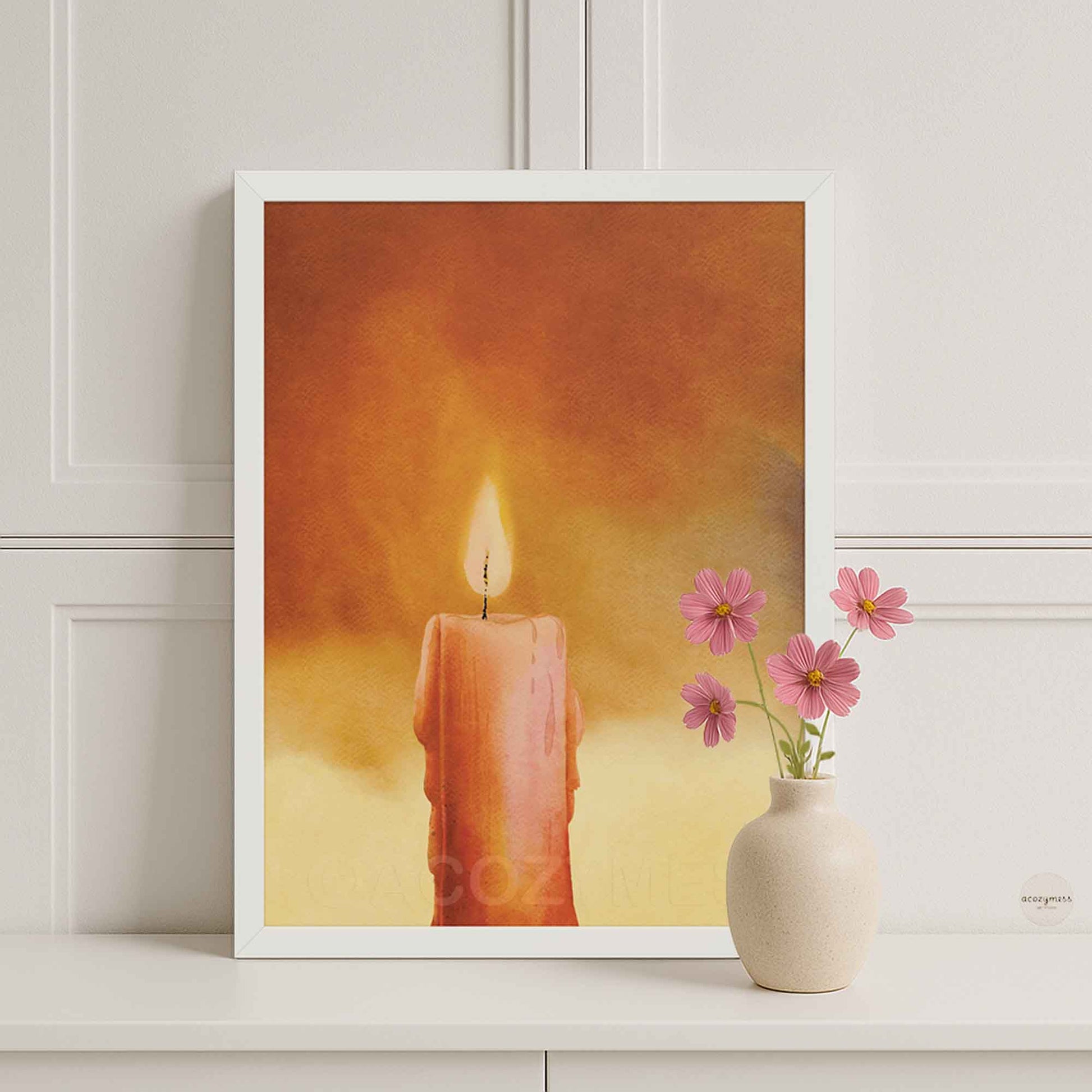White framed candle art poster with a soft candle illustration, styled as cozy wall decor for modern or bright interiors.