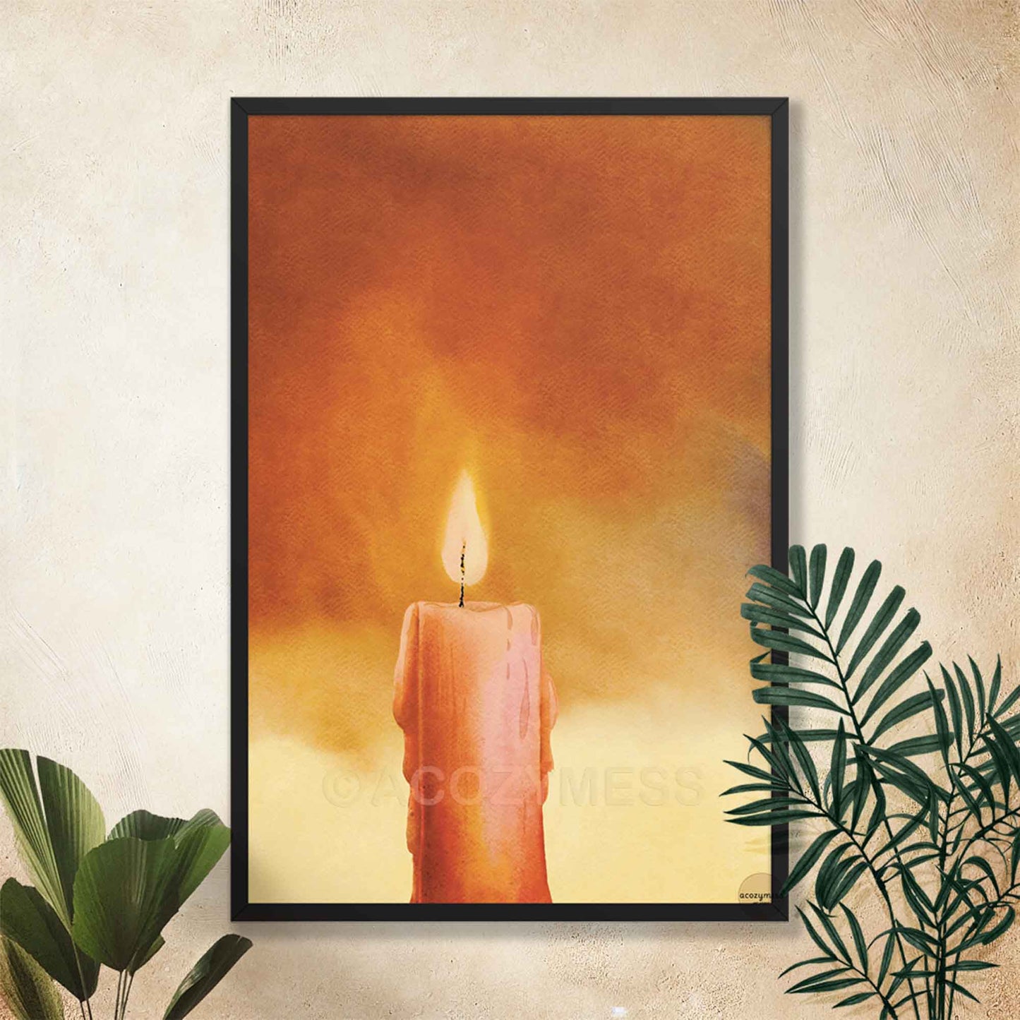 Black framed candle art poster with a soft candle illustration, styled as cozy wall decor for modern or cozy interiors.