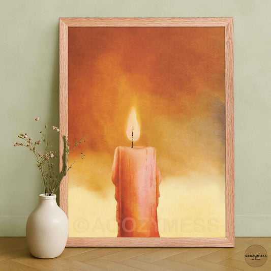 Framed artwork of a candle against a warm gradient background