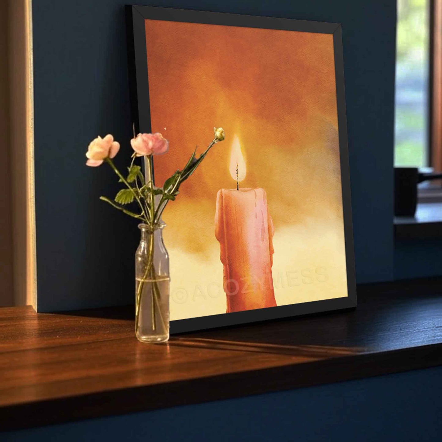 zen candle art poster in black frame