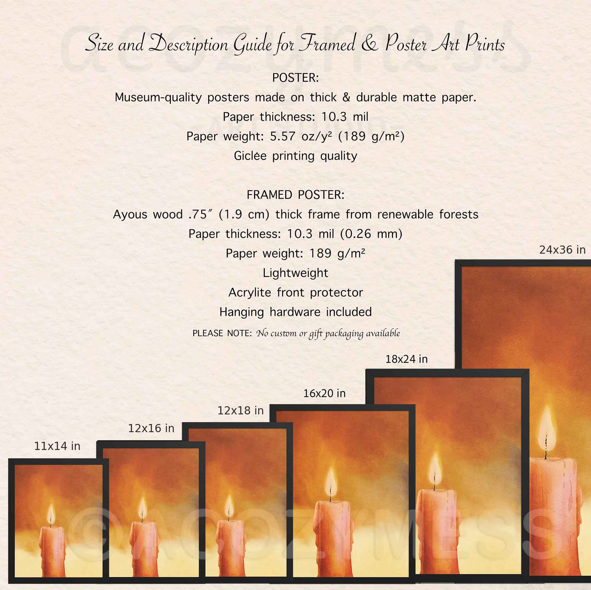 Size and description guide for framed and poster art prints with candle-themed images.