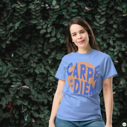 Carpe Diem graphic carolina blue with sun and palm trees illustration.