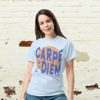 Carpe Diem graphic light blue tee with sun and palm trees illustration.