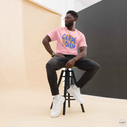 Carpe Diem graphic light pink tee with sun and palm trees illustration.