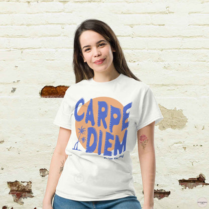 Carpe Diem graphic white tee with sun and palm trees art.