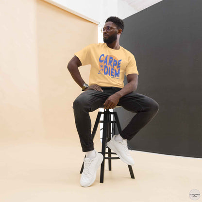 Carpe Diem graphic light yellow tee with sun and palm trees illustration.