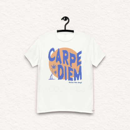 Carpe Diem graphic white tee with sun and palm trees illustration.