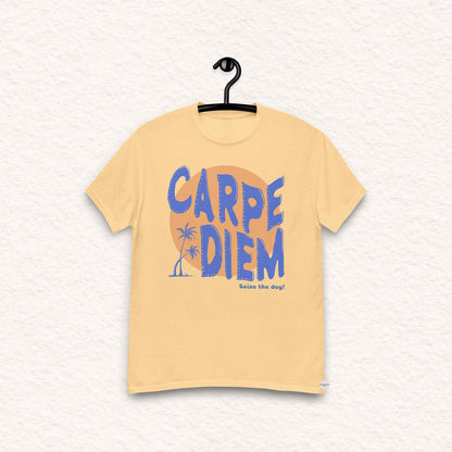 Carpe Diem graphic light yellow tee with sun and palm trees illustration.