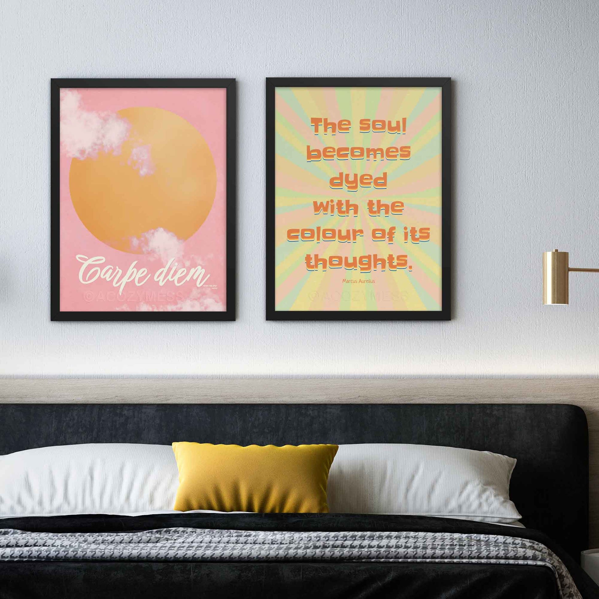 carpe diem poster and marcus aurelius on thoughts art poster in pastel pink and orange, yellow colors, framed in black