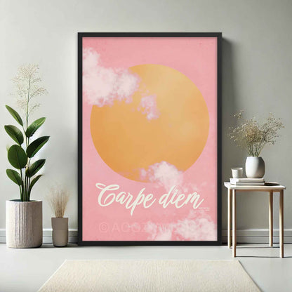 "Carpe Diem poster featuring a pink sky with soft clouds and a bright yellow sun, designed to inspire and uplift with the message 'Seize the Day.'" in black frame