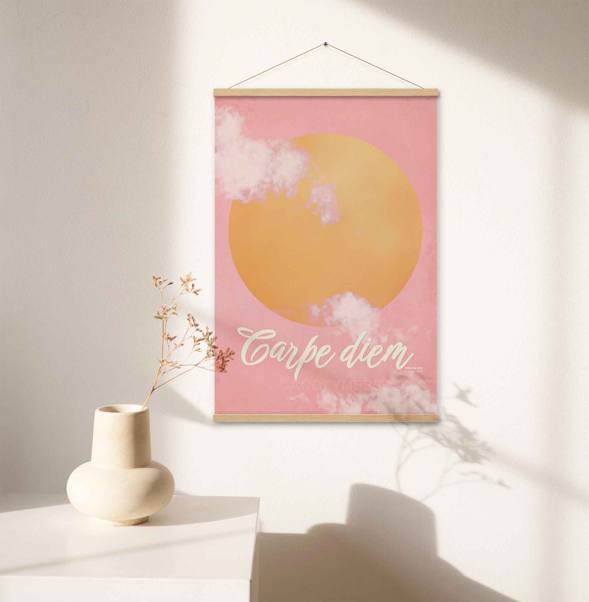 "Carpe Diem poster featuring a pink sky with soft clouds and a bright yellow sun, designed to inspire and uplift with the message 'Seize the Day.'"