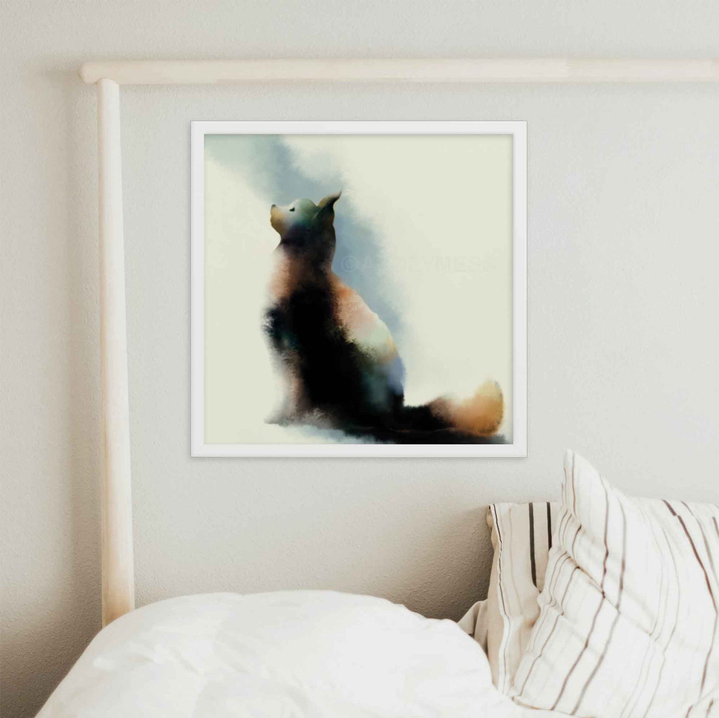 Cat Art Print featuring a charming depiction of a cat looking up, capturing the curiosity and elegance of a feline in white frame