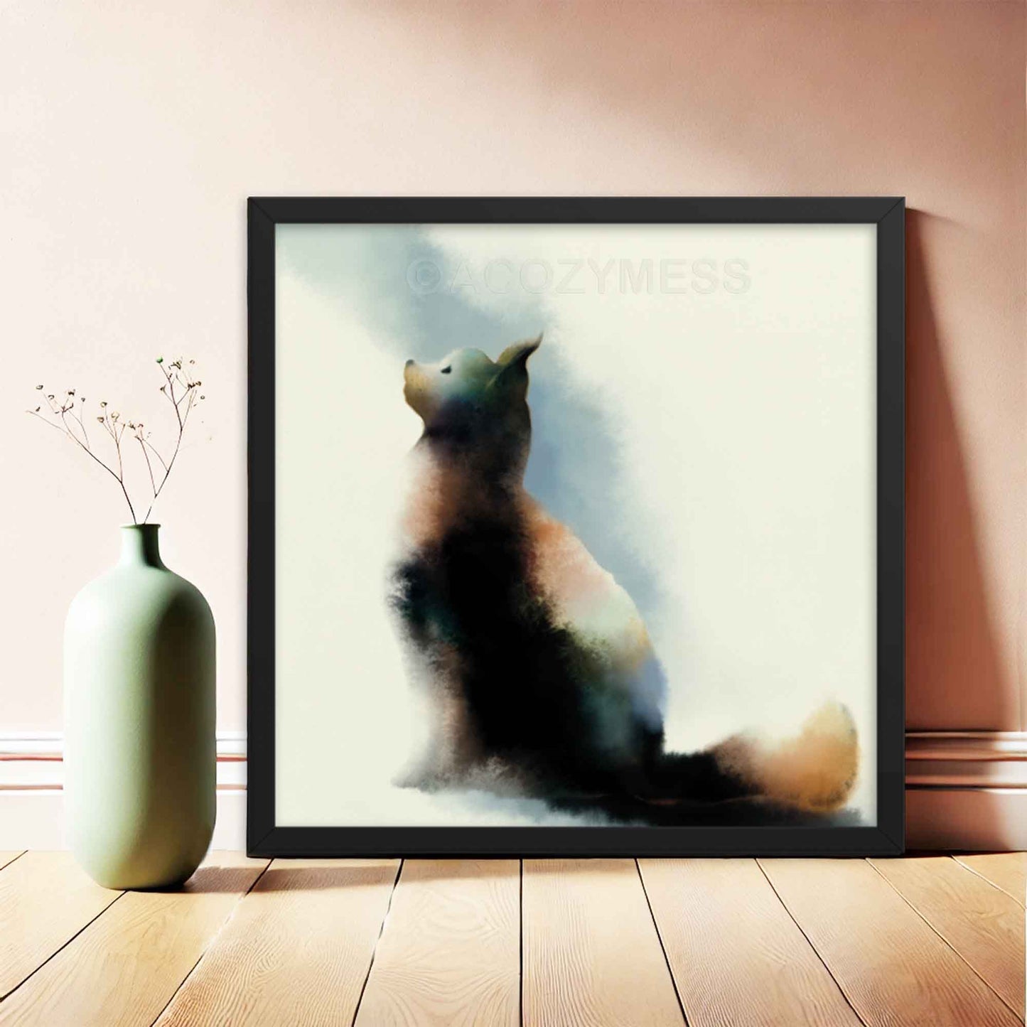 Black and white cat art poster in square frame