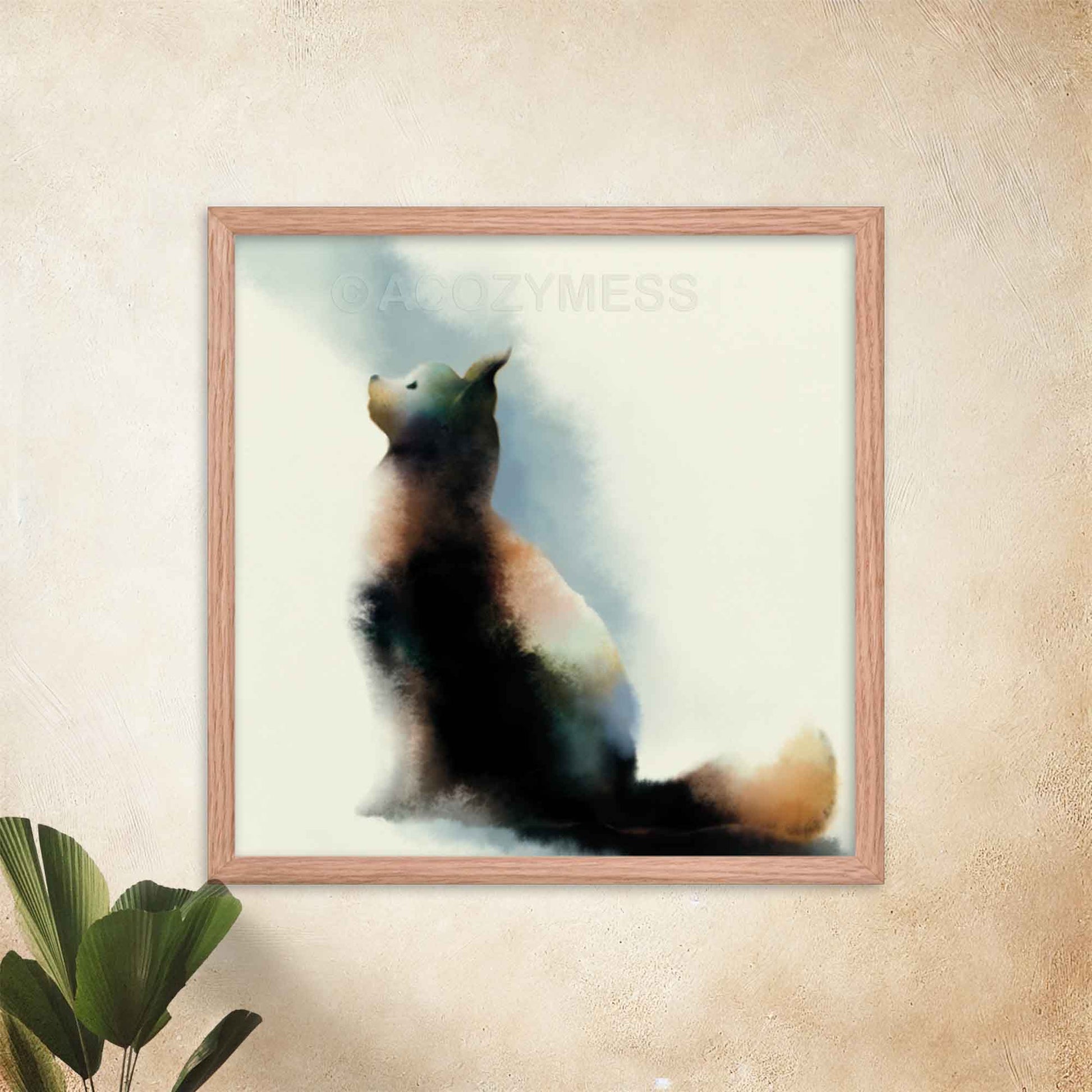 Cat Art Print featuring a charming depiction of a cat looking up, capturing the curiosity and elegance of a feline in oakwood frame