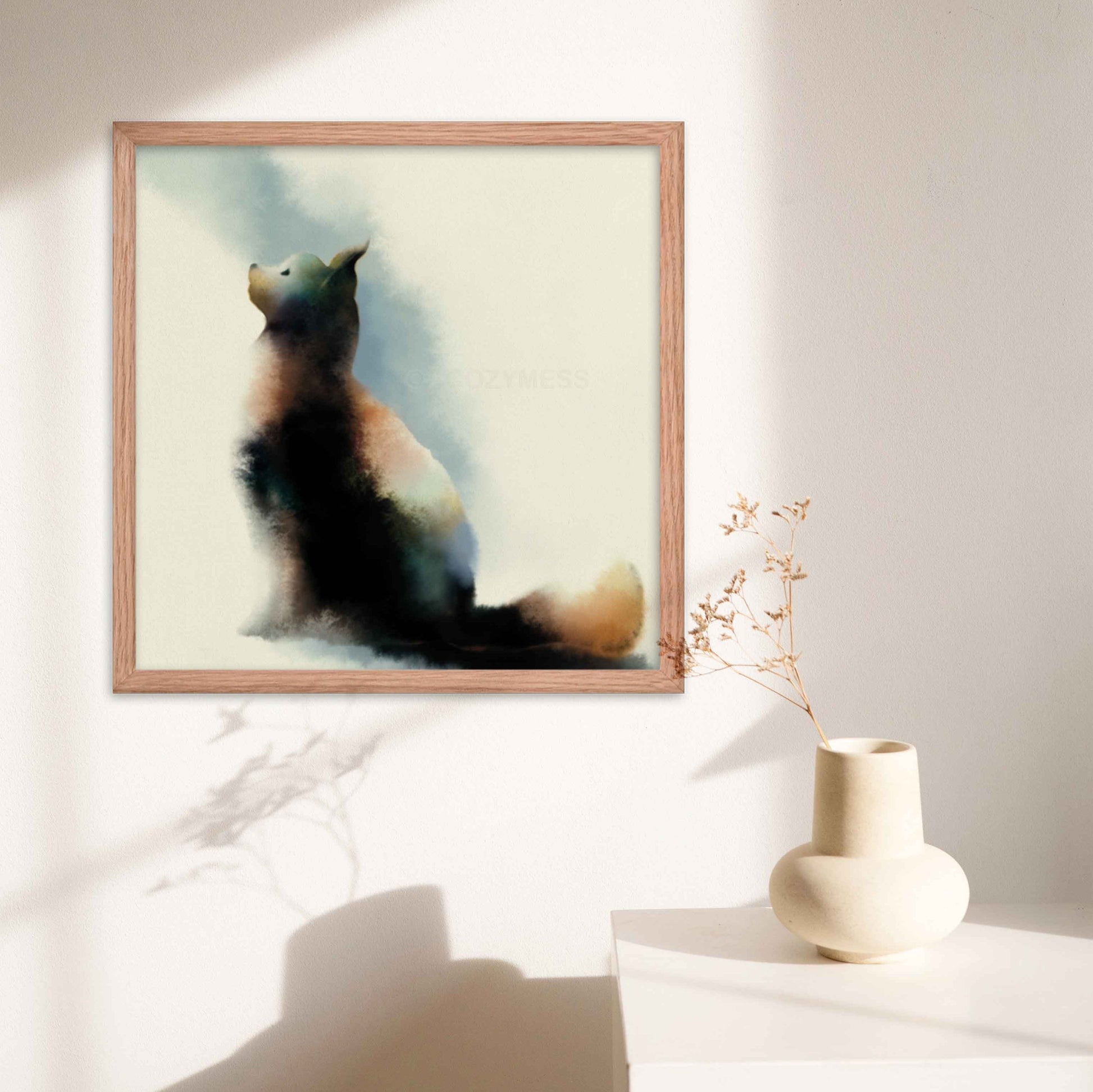 Cat Art Print featuring a charming depiction of a cat looking up, capturing the curiosity and elegance of a feline in oakwood frame