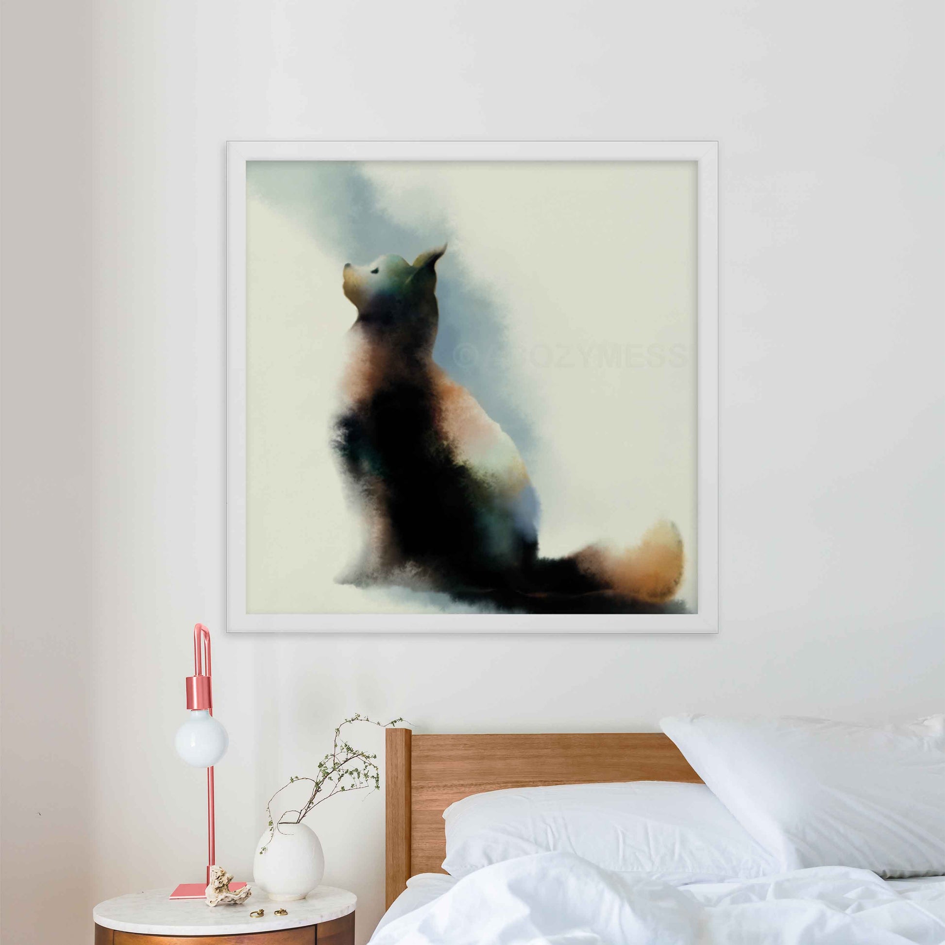 Cat Art Print featuring a charming depiction of a cat looking up, capturing the curiosity and elegance of a feline framed in white