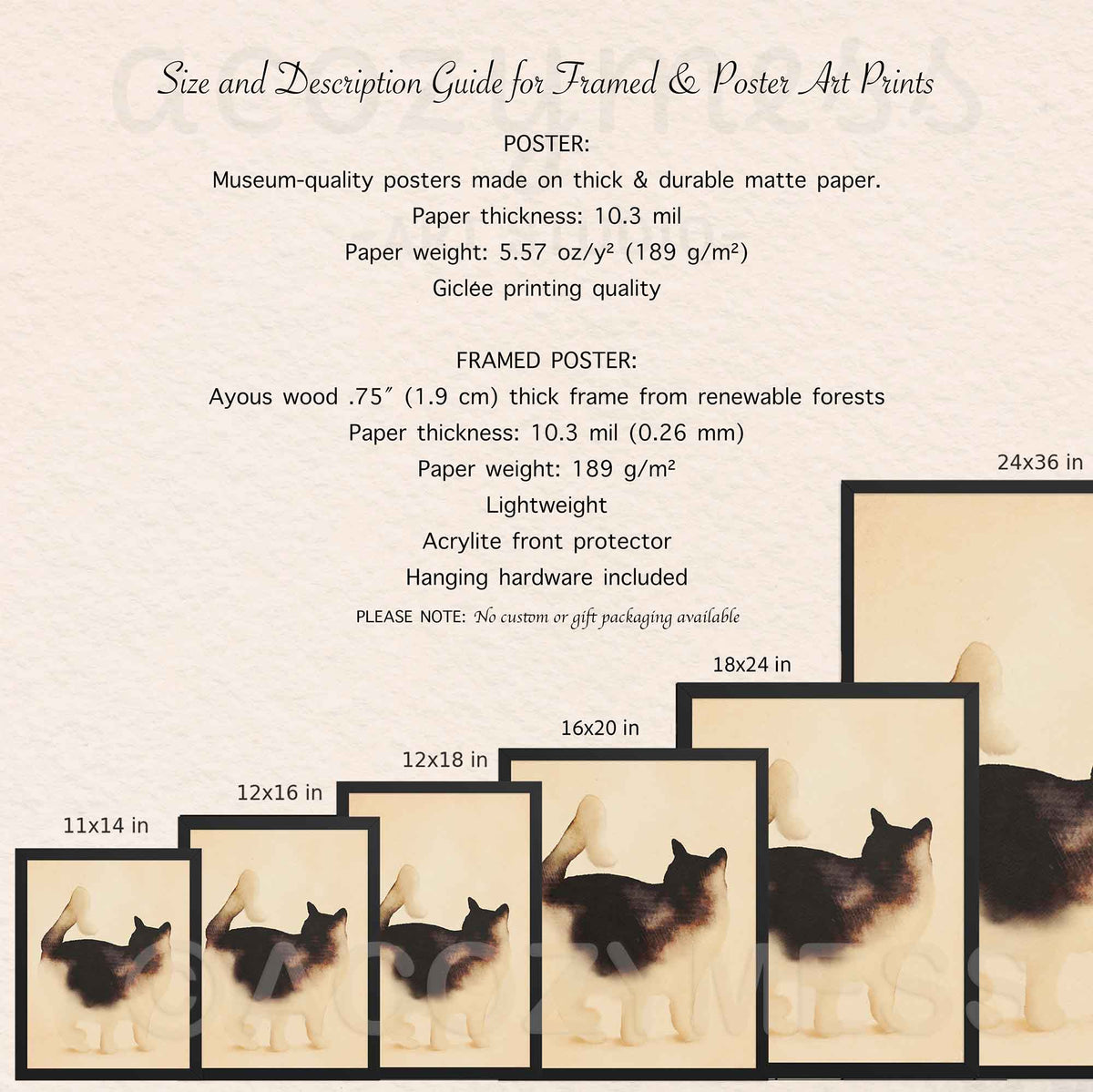 Size guide for minimalist standing cat art poster and framed print from 11x14 to 24x36 with paper and frame details