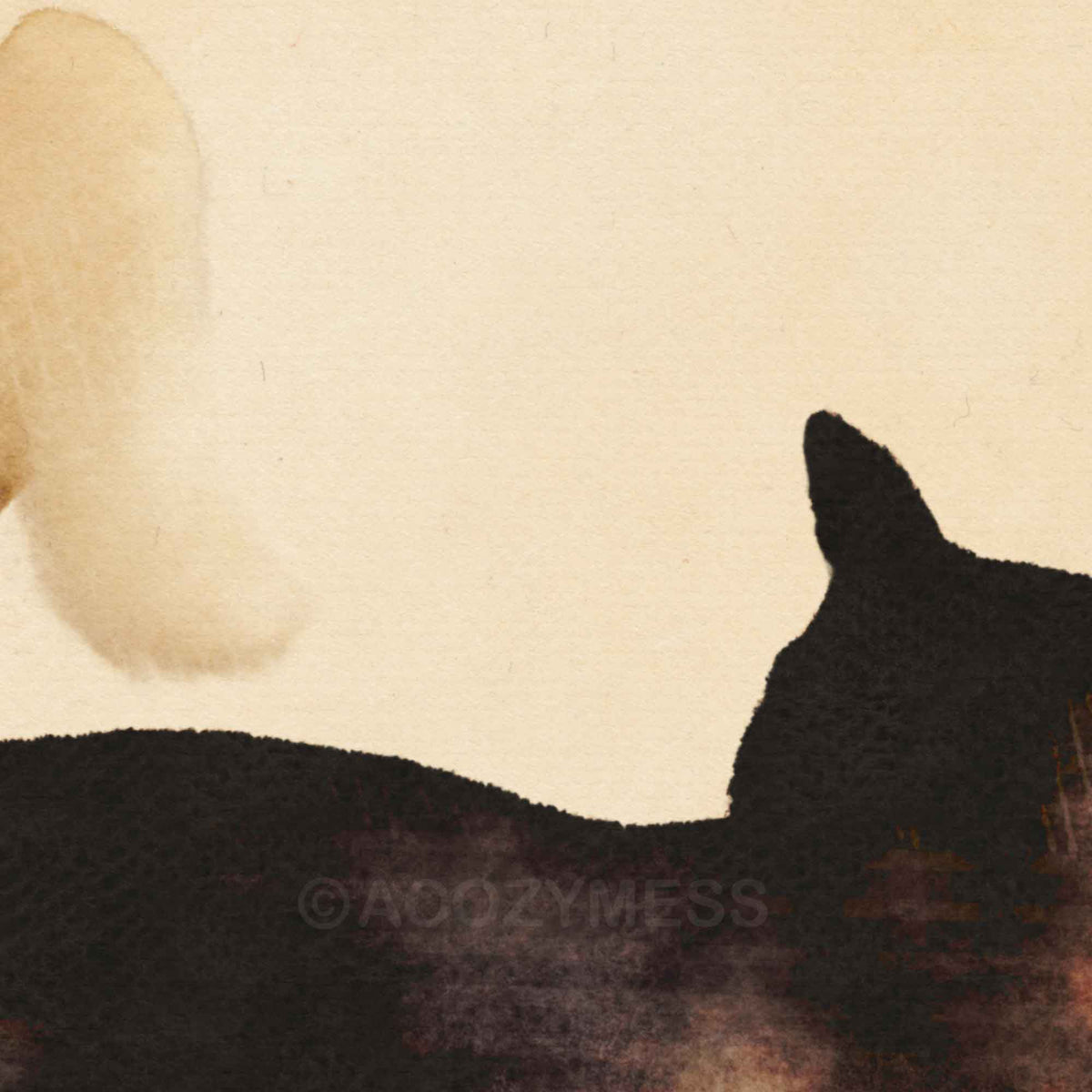 Close-up of watercolor texture on the cat's raised tail and ink black fur