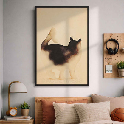 Black framed watercolor cat poster above a bed with cozy pillows and a pegboard shelf