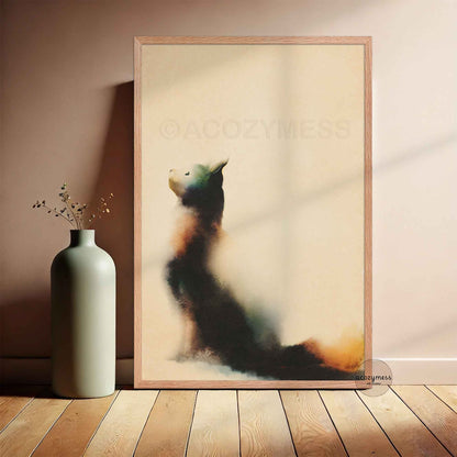 Minimalist watercolor cat sitting and looking up art poster in a light oak frame leaning against a blush wall beside a sage green vase