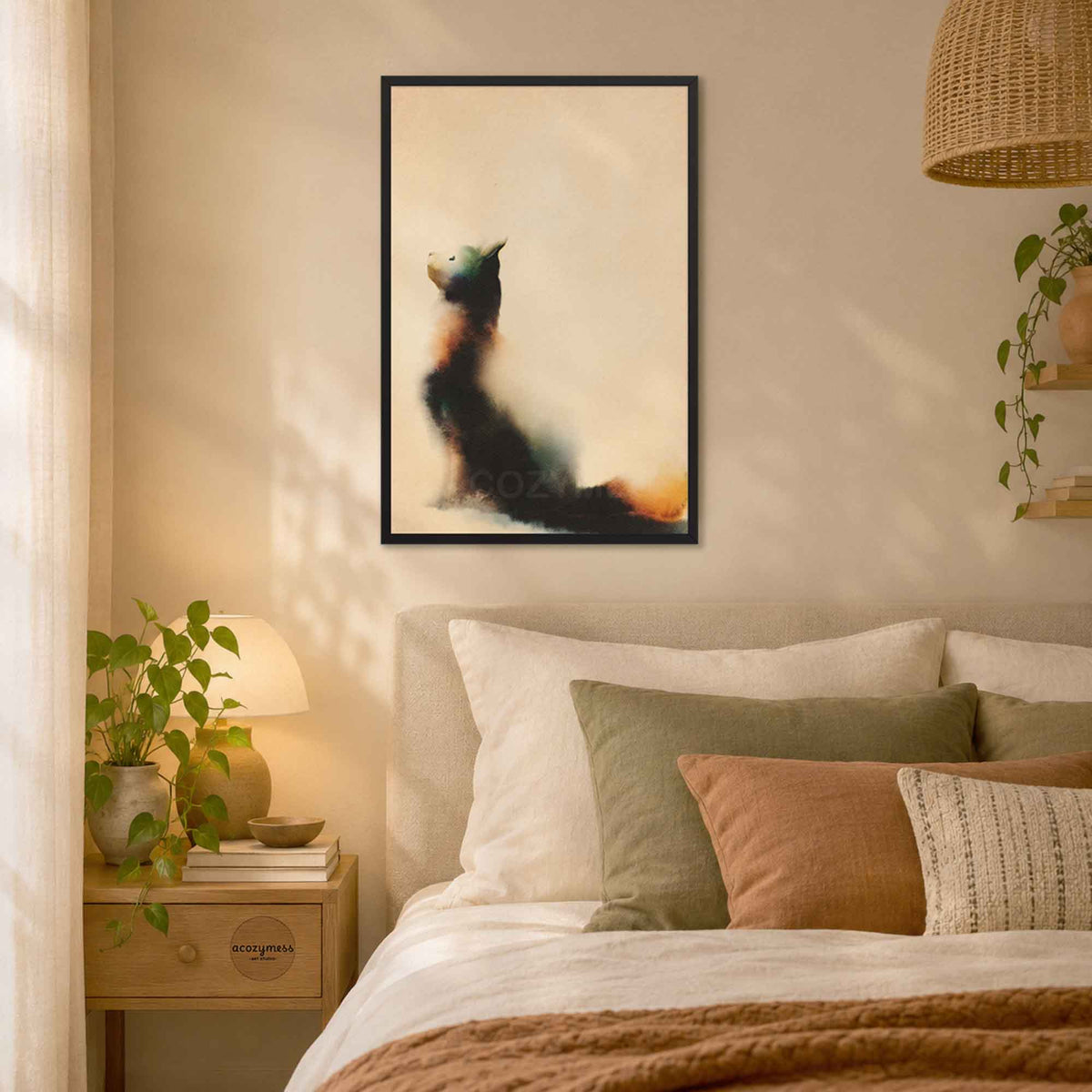 Black framed minimalist cat art print above a bed with green and blush pillows and a rattan pendant lamp