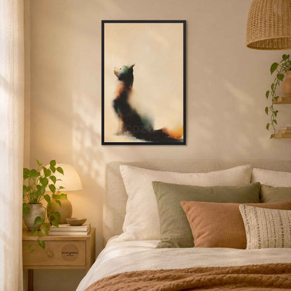 Black framed minimalist cat art print above a bed with green and blush pillows and a rattan pendant lamp