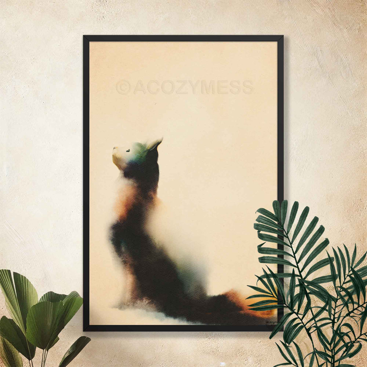 Black framed watercolor cat poster on a textured cream wall with tropical palm leaves