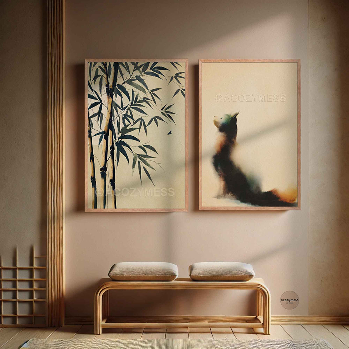 Oak framed cat looking up poster hung as a pair with a bamboo painting above a wooden bench