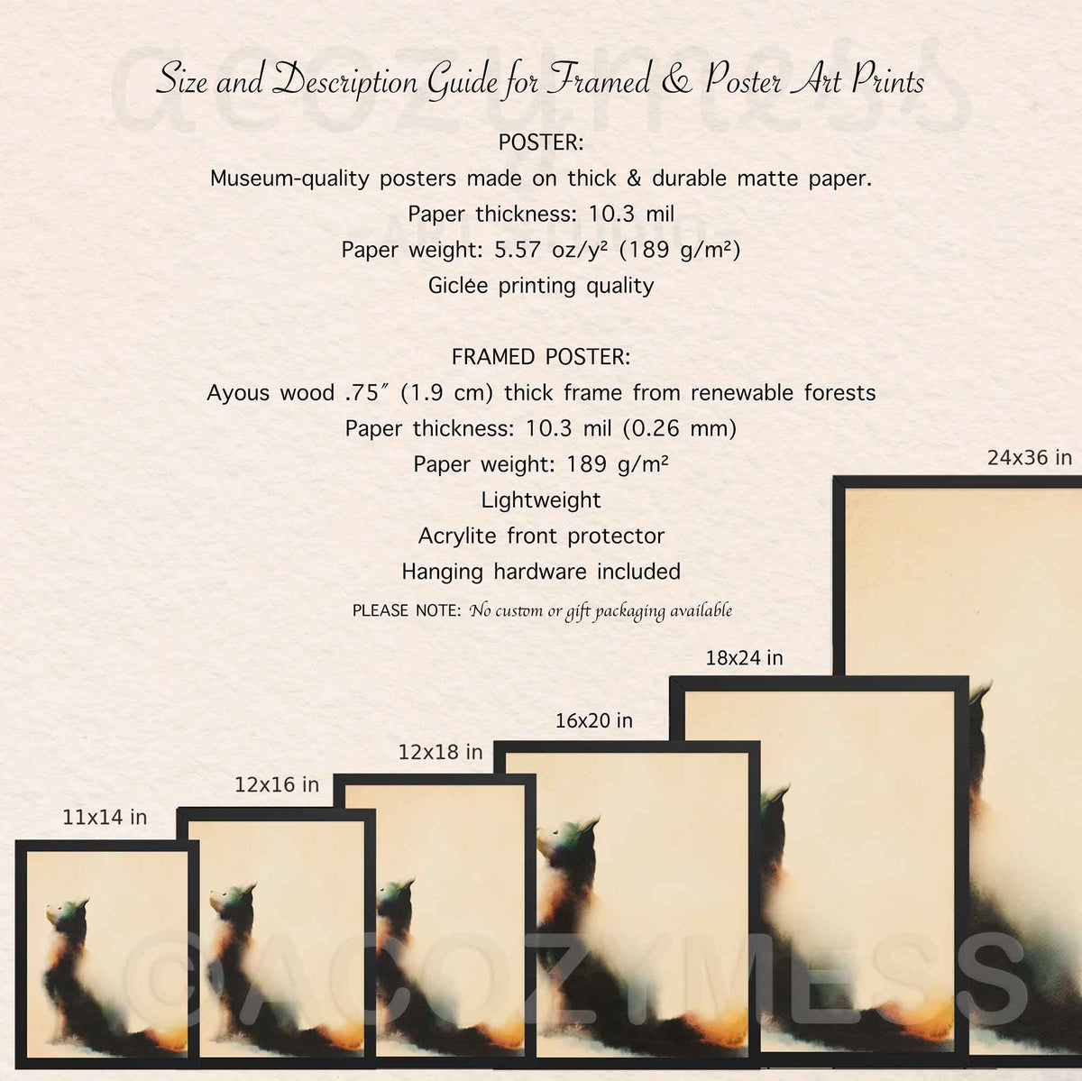 Size guide for minimalist cat sitting and looking up art poster and framed print from 11x14 to 24x36 with paper and frame details