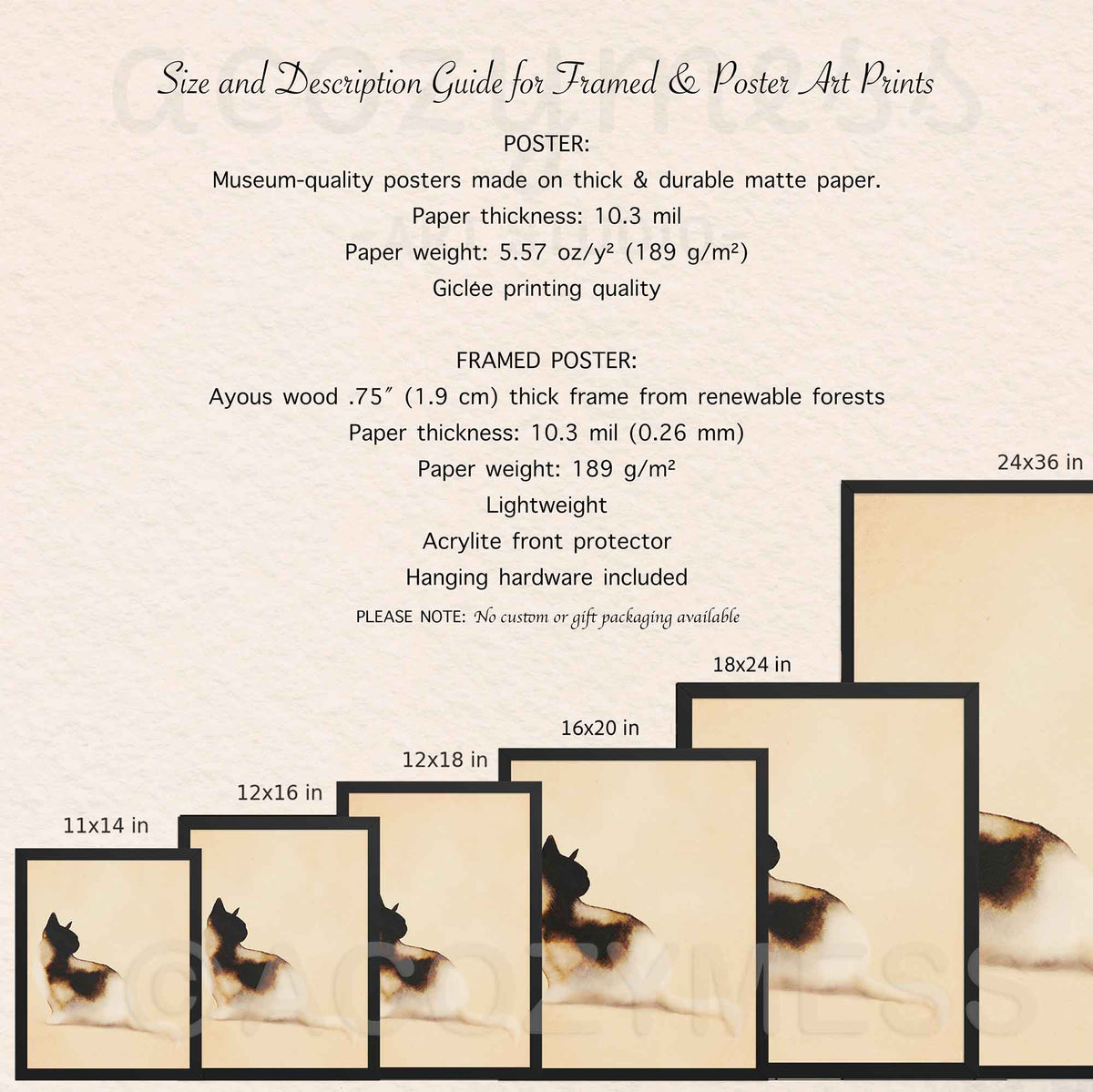 Size guide for minimalist cat art poster and framed print from 11x14 to 24x36 with paper and frame details
