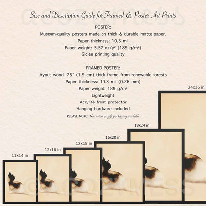 Size guide for minimalist cat art poster and framed print from 11x14 to 24x36 with paper and frame details