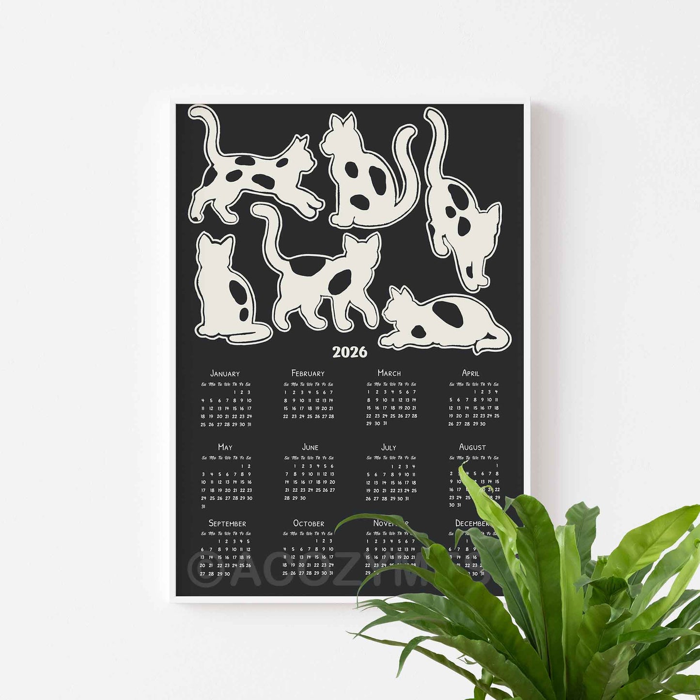 Calendar with cat illustrations for 2026 on a black background.