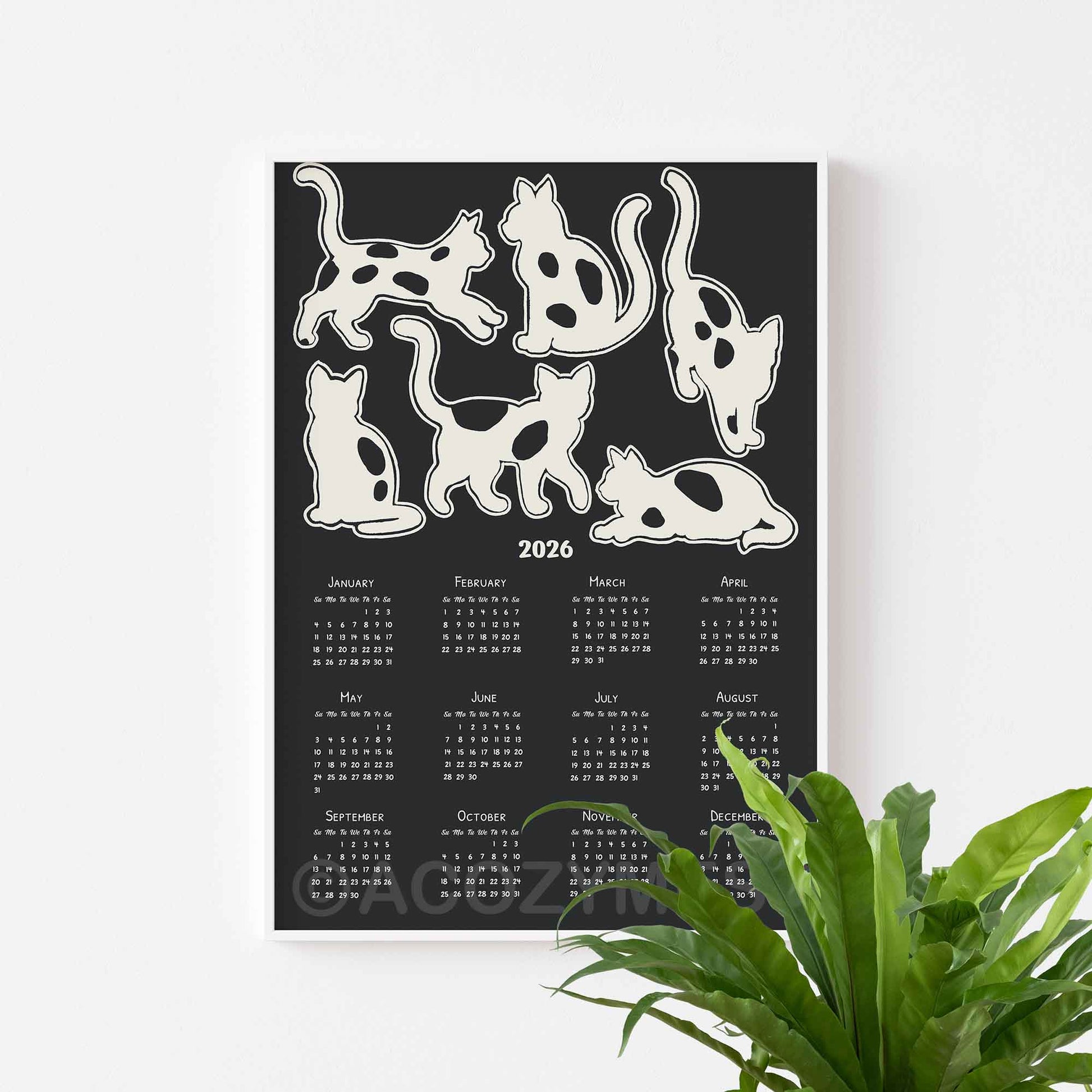 Calendar with cat illustrations for 2026 on a black background.