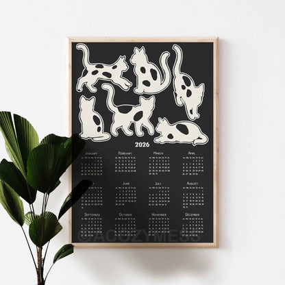 2026 calendar with cat illustrations on a black background