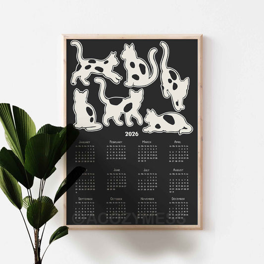 2026 calendar with cat illustrations on a black background