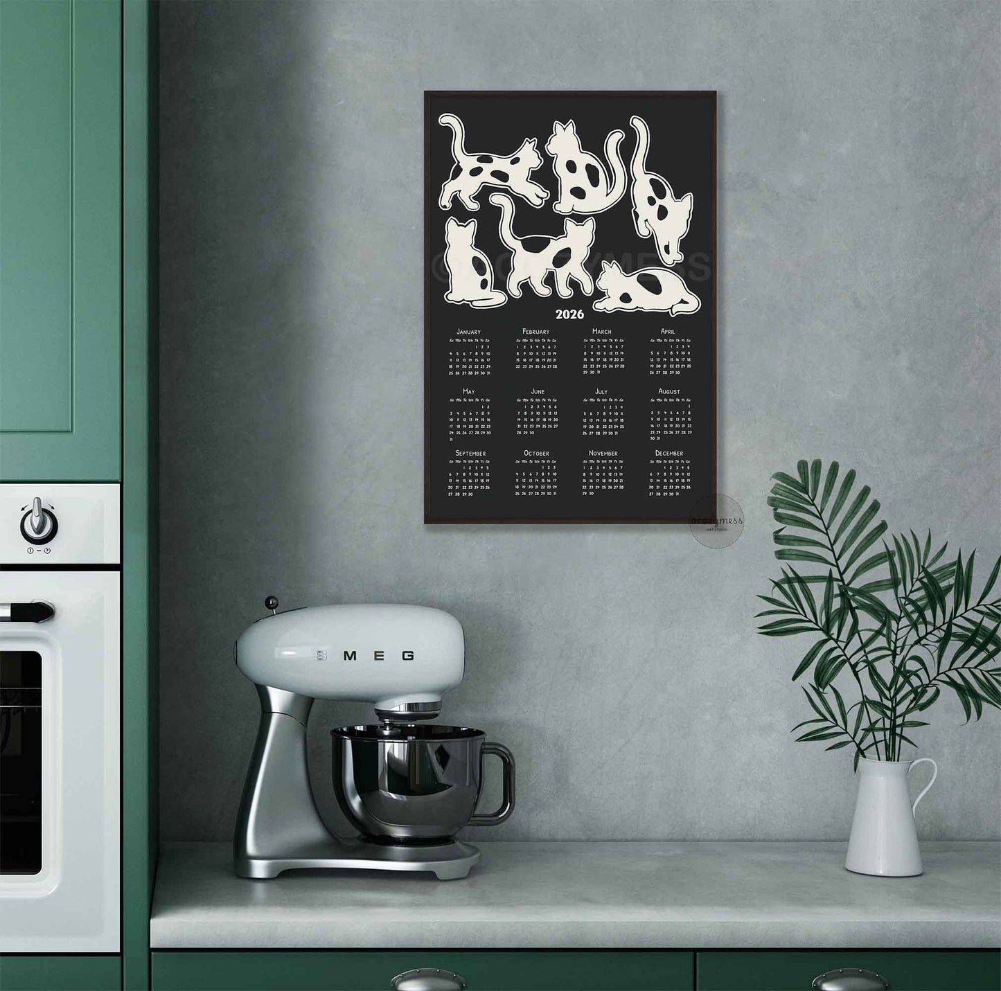 2026 one page yearly calendar with cute cats illustration.