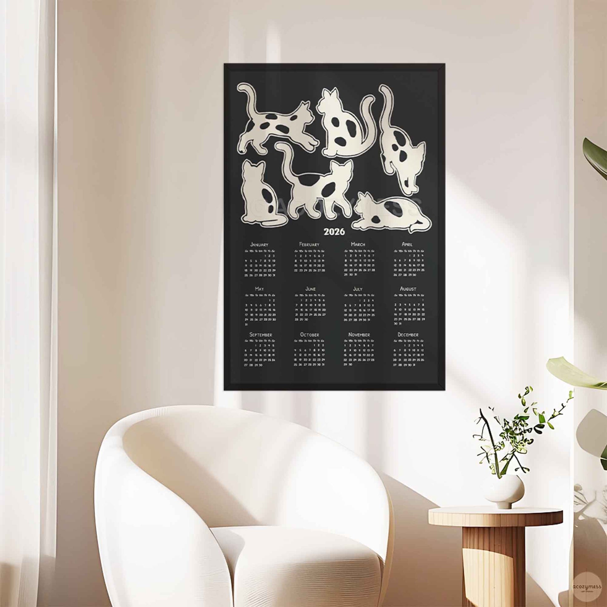 2026  yearly calendar with cute cats illustration in black and white.