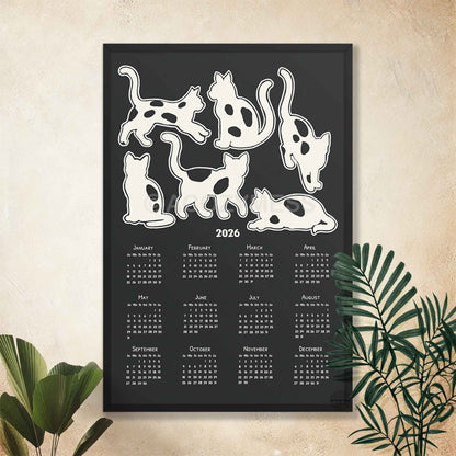 black and white 2026 calendar poster with cute cats illustration.