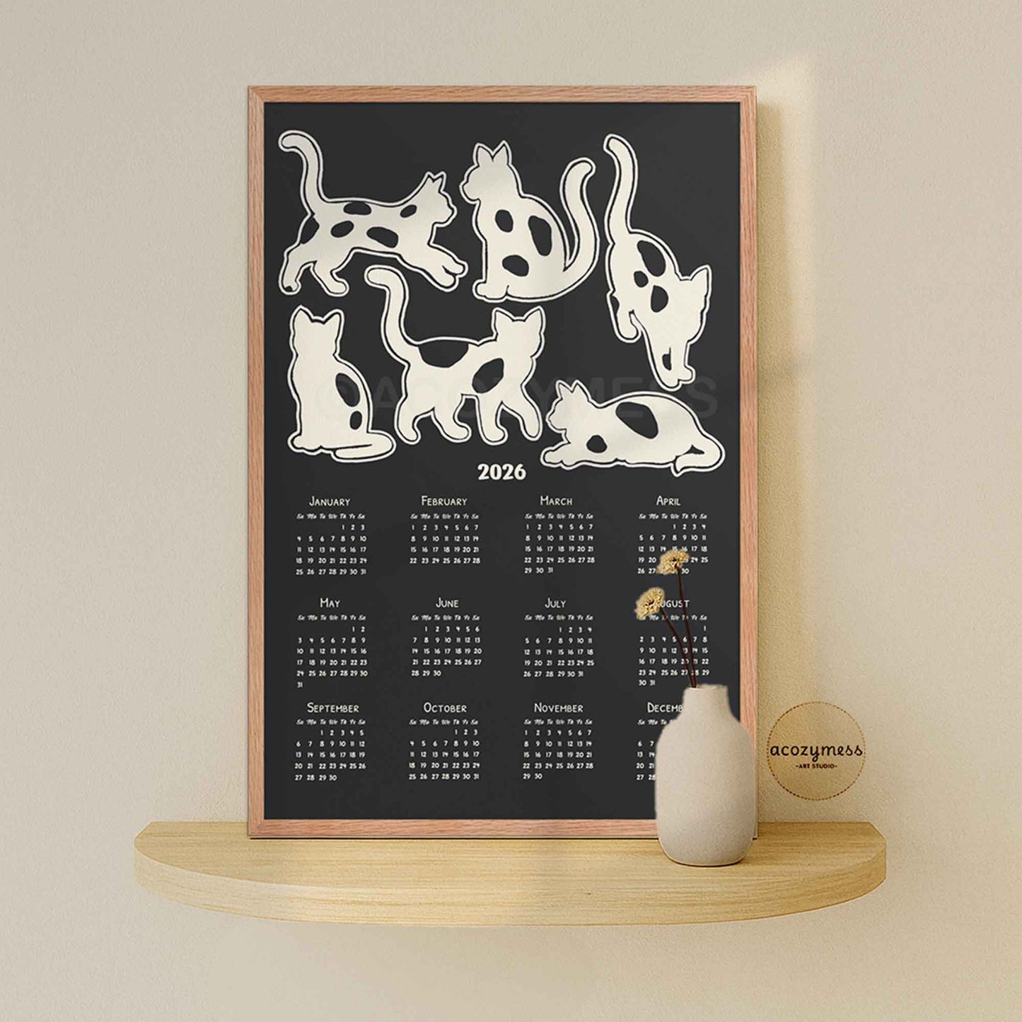 2026 calendar with cute cats illustration in black and white.